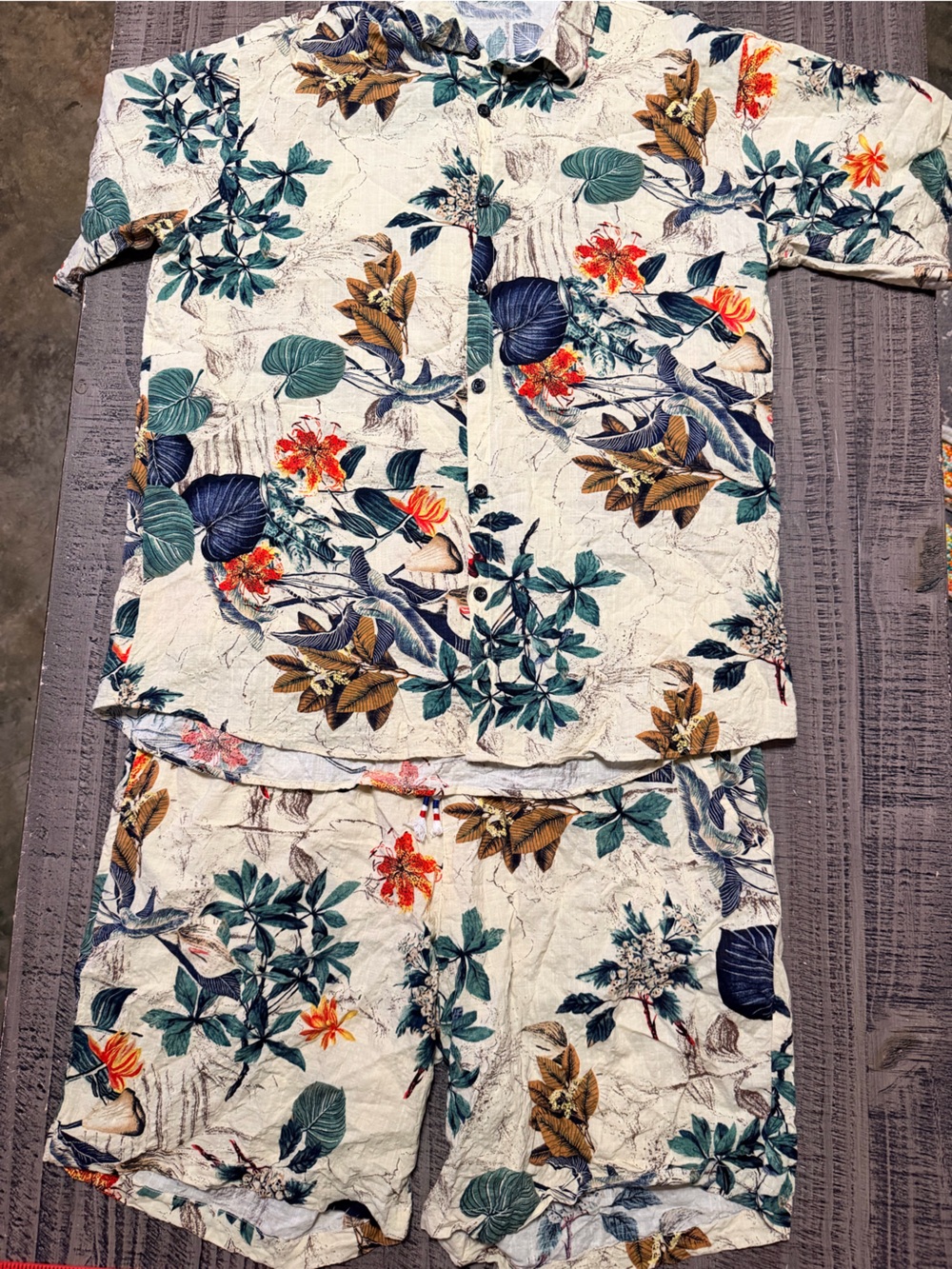 Cream Tropical Floral Short-Sleeve Button-Down Shirt w Matching Shorts by Jogal